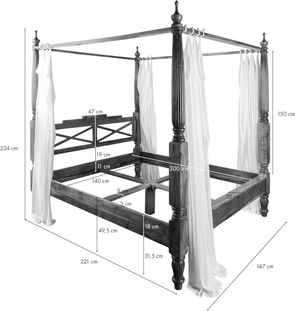 MASSIVMOEBEL24.DE | Cama con dosel Oxford de acacia 147x221x224, color: lacado marrón oscuro