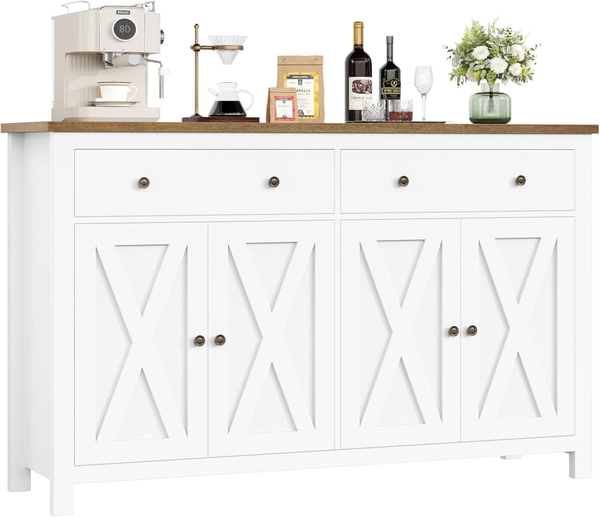 Aparador FirFurd de 140 cm de ancho, armario de cocina con encimera, alacena con 2 cajones y 4 puertas, mueble buffet de cocina con estante ajustable, aparador para cocina, salón y comedor, blanco, 140x89x40 cm