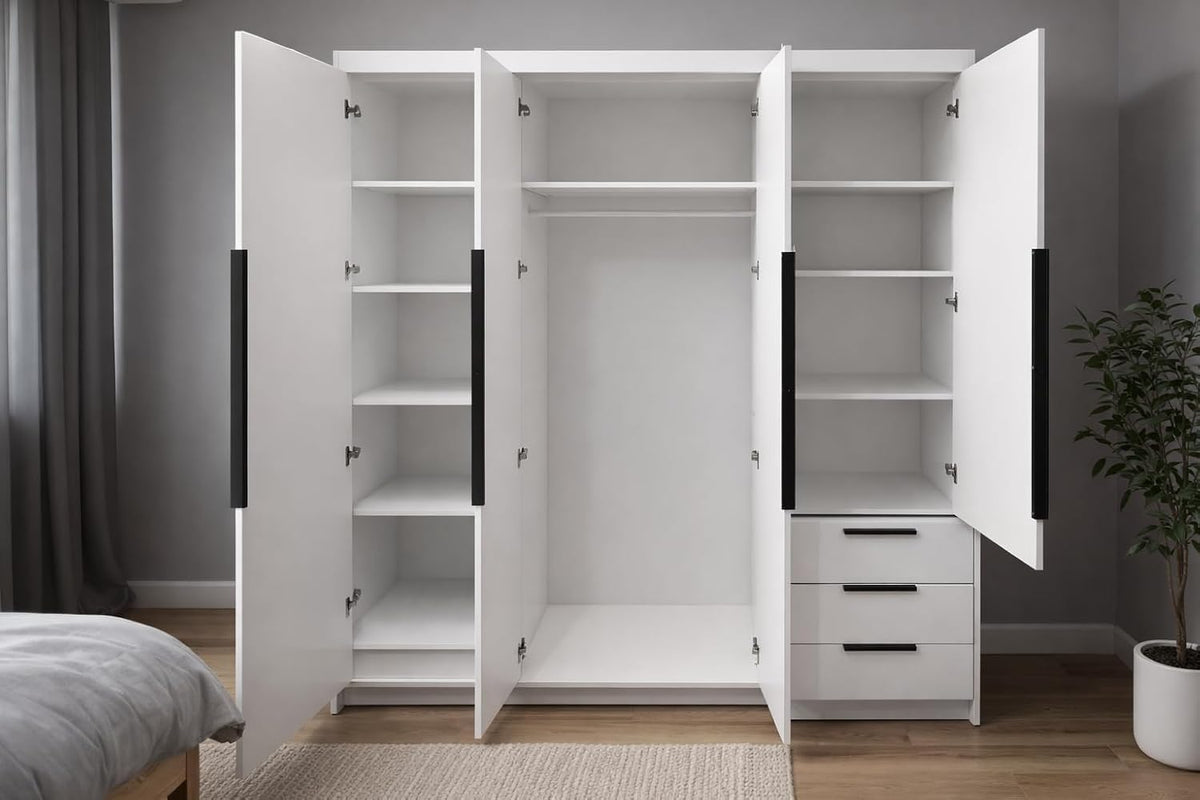 Armario de 4 puertas A&J MöbelLand KLARI con 3 cajones – 200 x 215 cm – Armario de puertas batientes con barra para colgar ropa y estantes