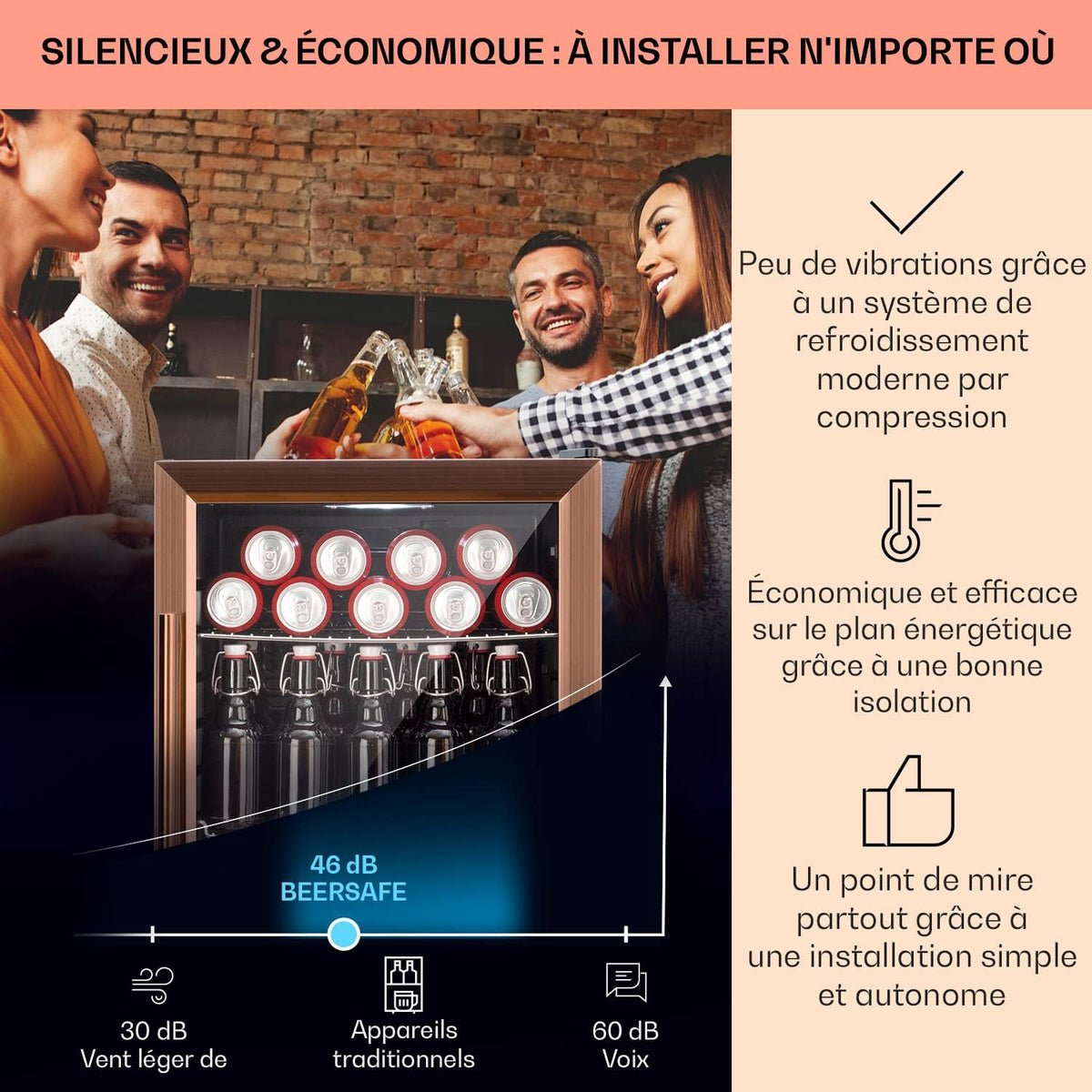 Mininevera KLARSTEIN de 60 L para bebidas y cerveza, frigorífico pequeño y silencioso, minibar interior/exterior, nevera pequeña para camping, almacenamiento de vinos, cosméticos, estantes ajustables, 3-10 °C