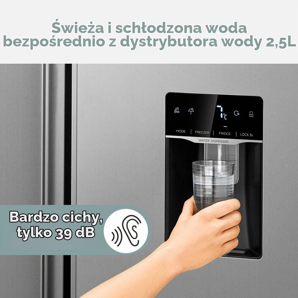 Lodówka typu side-by-side Bomann®, Dystrybutor wody ze zbiornikiem, Klasa energetyczna D, 177 cm, NoFrost, 5-letnia gwarancja na kompresor, Lodówka z zamrażalnikiem, System MultiAirflow
