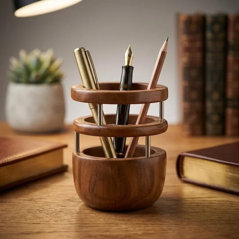 Portalápices de madera de teca, organizador de escritorio hecho a mano, diseño redondo, 9,5 cm de diámetro, oficina y hogar