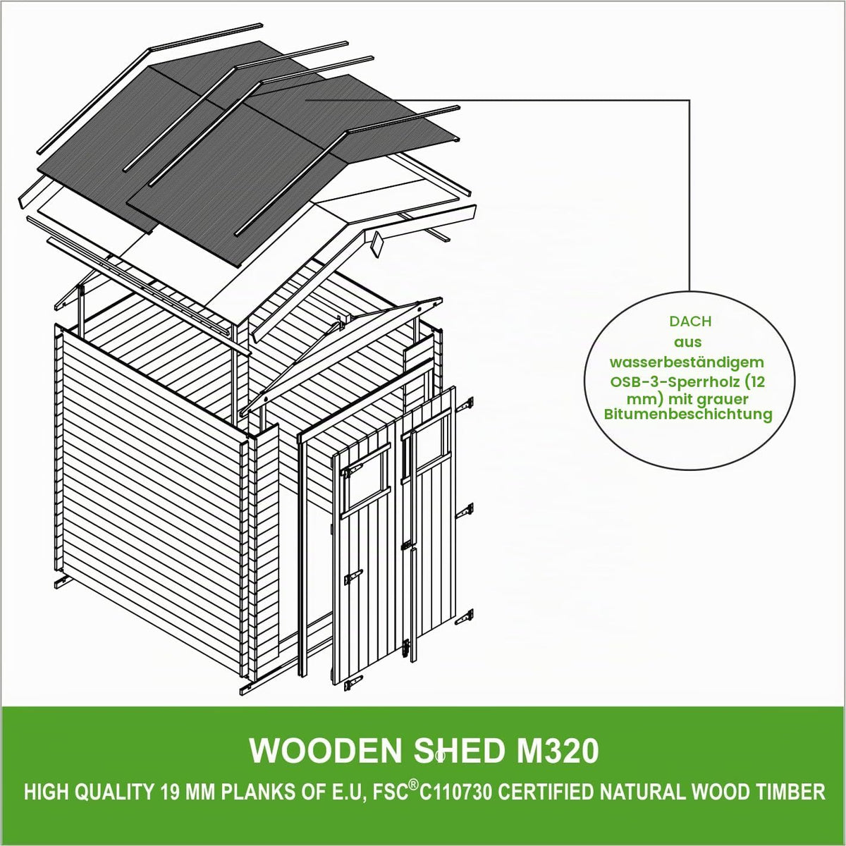 Caseta de jardín de madera - Cobertizo de madera 196x186x218 cm / 2,82 m2 - Cobertizo de almacenamiento para jardín - Caseta para bicicletas - TIMBELA M320