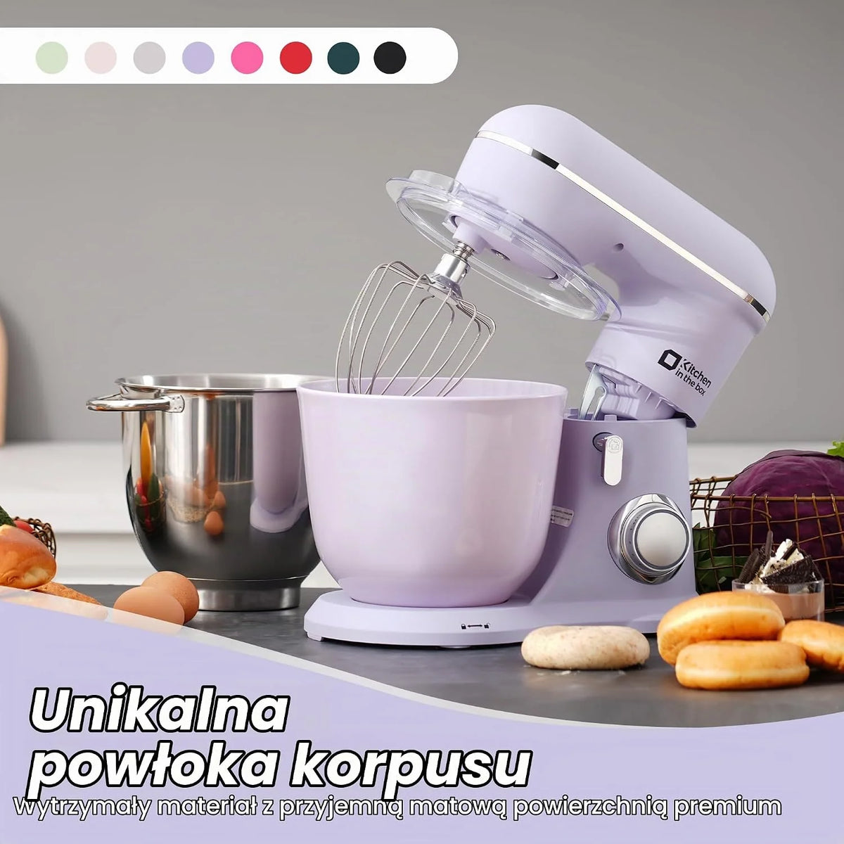 Kitchen in the box robot kuchenny, 4,5 L i 5 L maszyna do ugniatania ciasta, mikser ciasta z 10+P prędkościami z hakiem do zagniatania, mieszadłem i trzepaczką, 1300 W, fioletowy