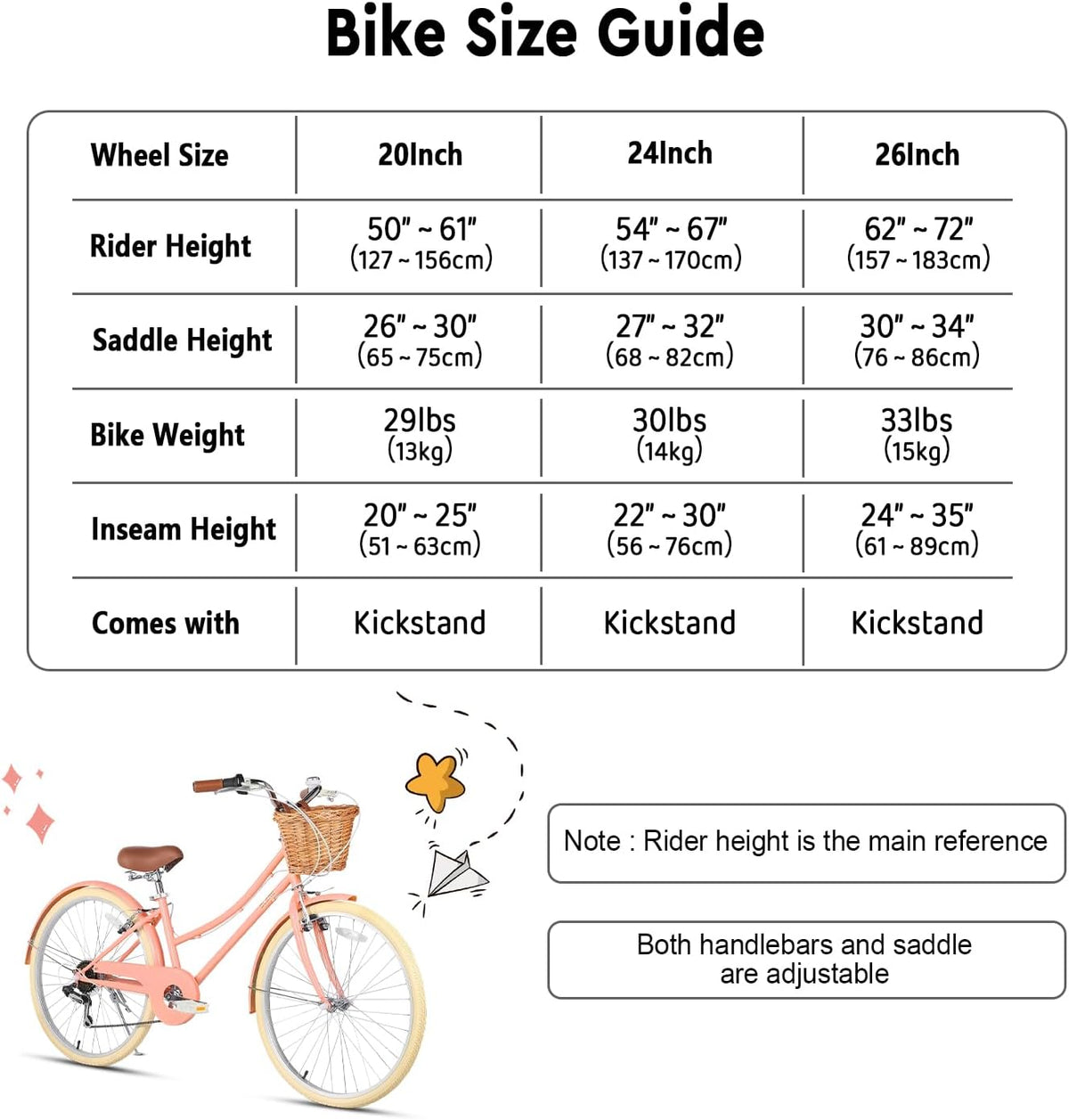 Glerc Missy 20, 24, 26 pulgadas bicicleta híbrida urbana tipo crucero para niñas, de 6 velocidades, con cesta de mimbre, para jóvenes mayores de 6 años, varios colores