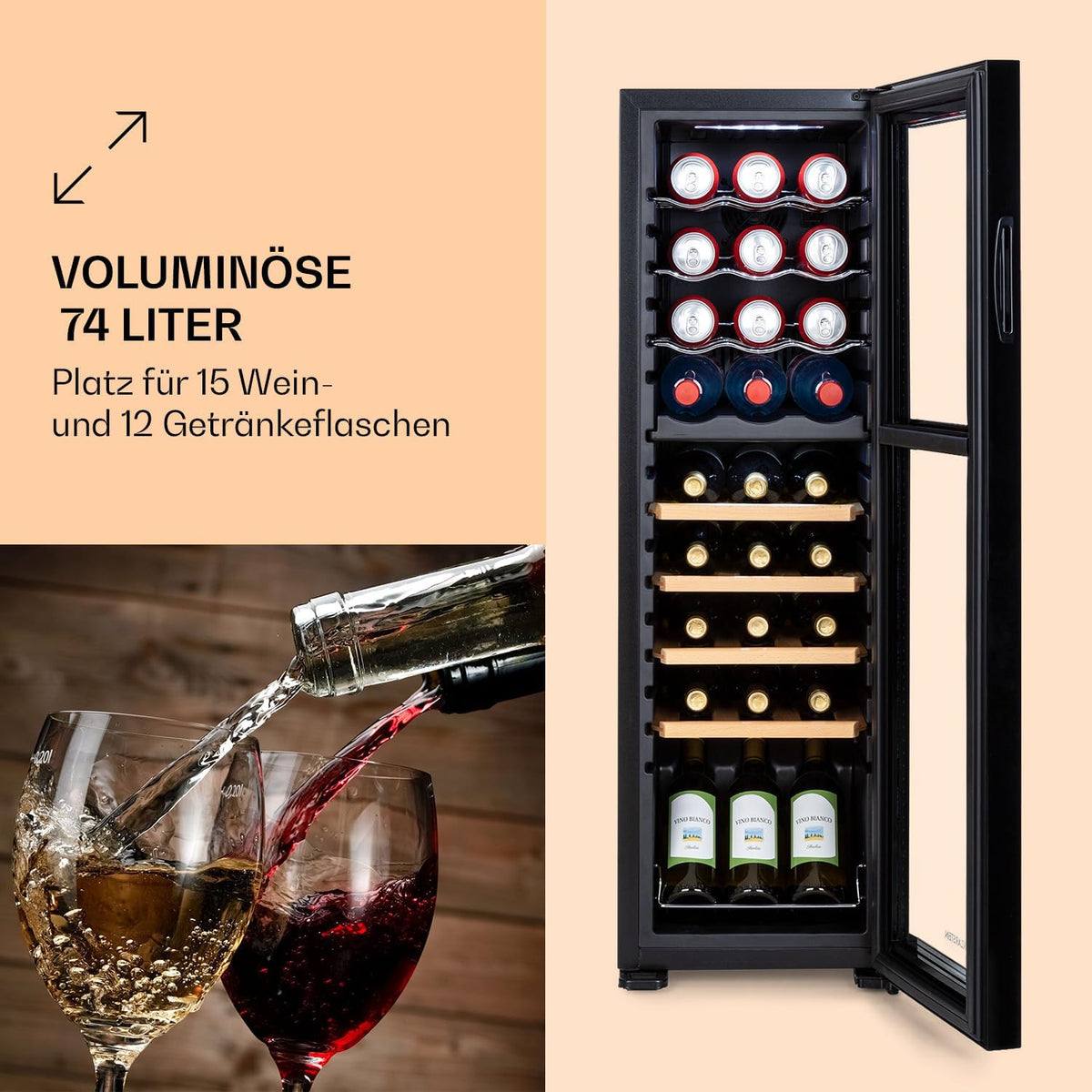 Vinoteca independiente Klarstein para 27 botellas: nevera para bebidas con 2 zonas de enfriamiento y compresor de bajo consumo, ideal para los amantes del vino, mantiene tus vinos fríos y frescos