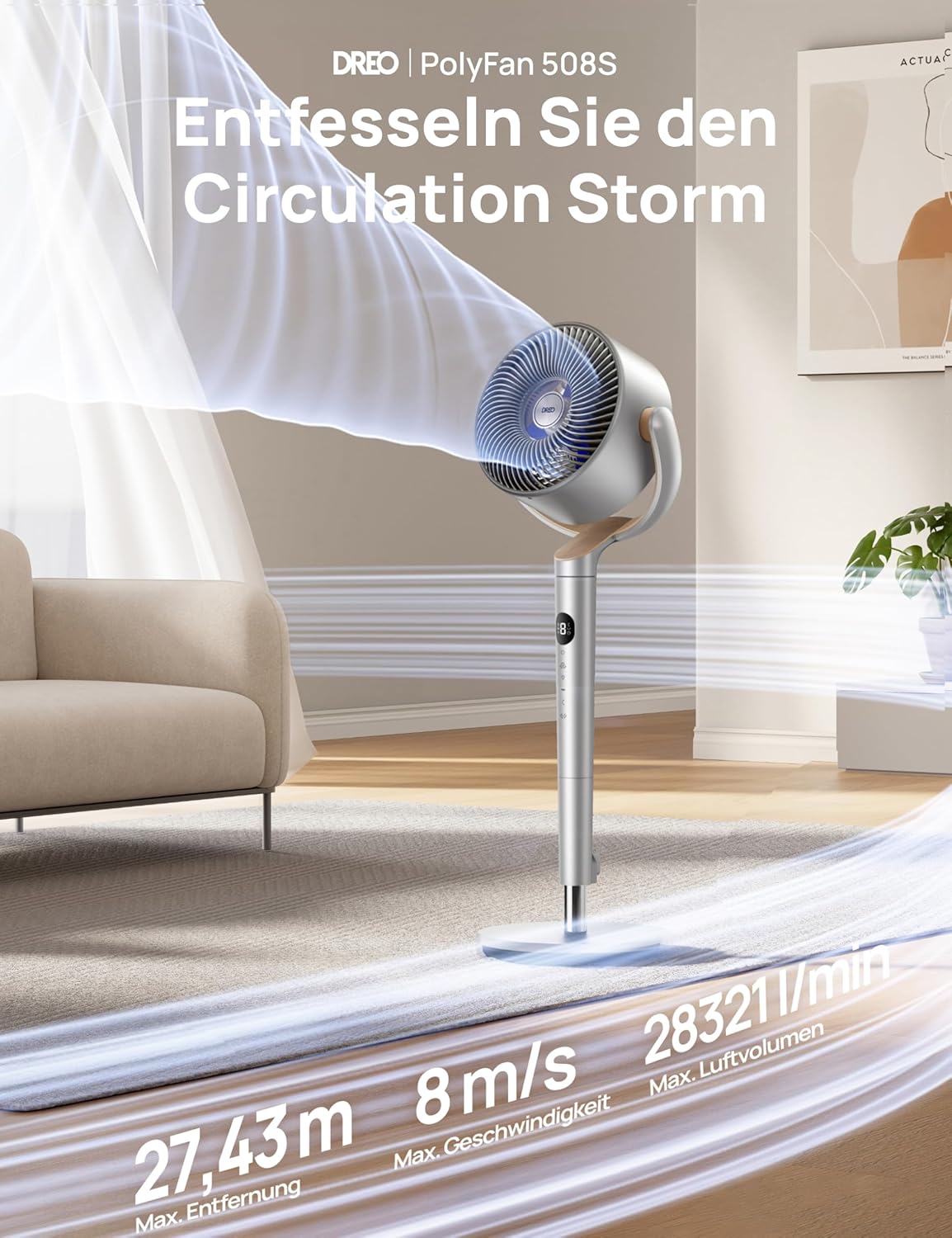 Ventilador de pie inteligente Dreo con luz RGB, oscilación de 120° + 120° con control remoto, ventilador de suelo silencioso de 20 dB para dormitorio, temporizador de 8 horas, plateado