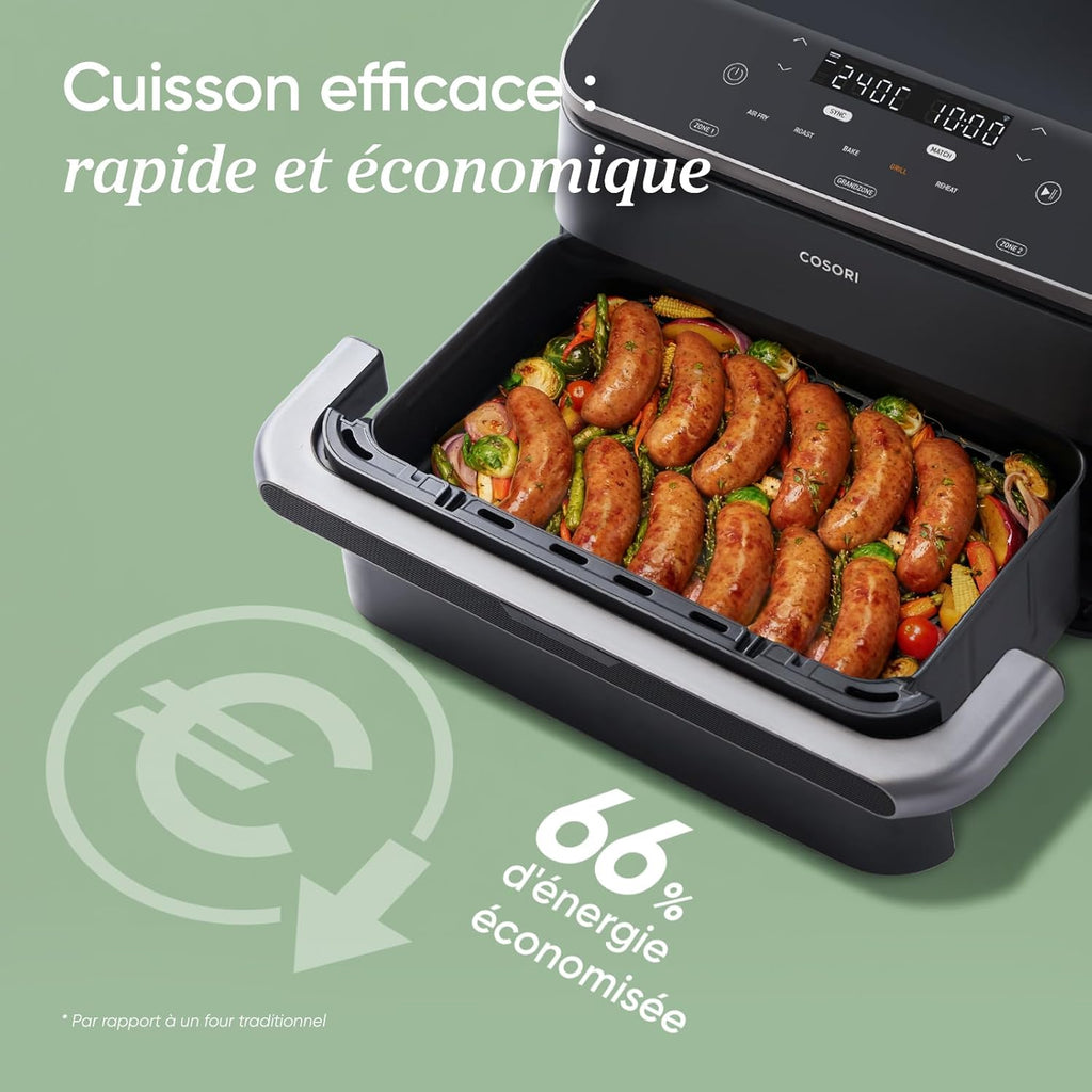 Freidora de aire COSORI Twinfry de 10L, freidora sin aceite con doble resistencia, Airfryer de zona dual con separador extraíble, 5 en 1, gran capacidad, cocción óptima, 40℃-240℃, control inteligente mediante App
