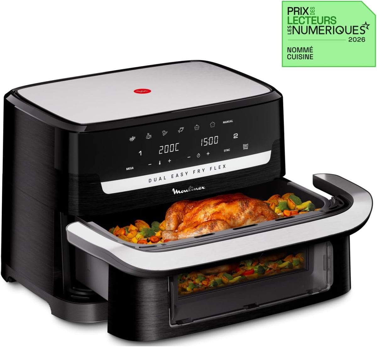 LOTE Freidora de aire Moulinex Flex 2 zonas 9L, separador extraíble EZ9228F0, negro + 2 moldes para pasteles Tefal especiales para freidora de aire J176S204