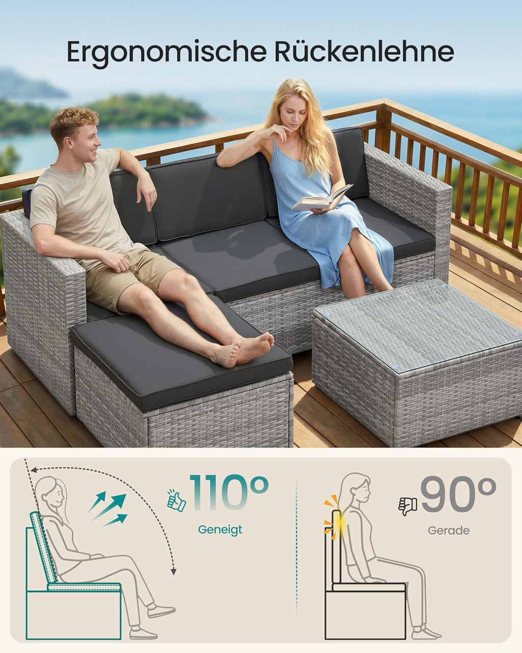 Set de muebles de jardín SONGMICS, muebles de balcón de ratán sintético PE, muebles de terraza, sofá esquinero, exterior, ratán tejido a mano, conjunto lounge, con cojines y mesa de cristal, gris GGF005G05