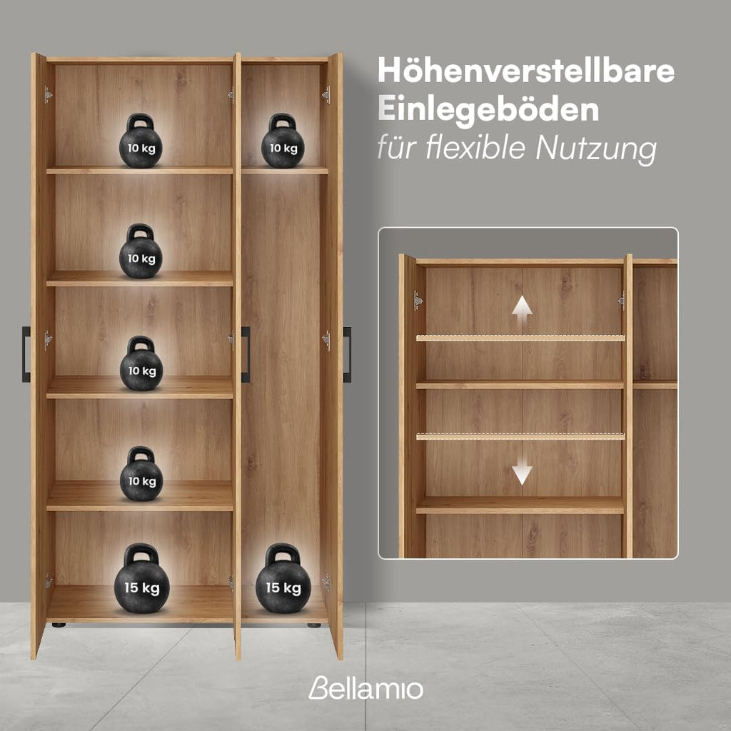 Bellamio Apol Mehrzweckschrank Eichenoptik – Besenschrank 90 cm breit mit Stauraum – Putzschrank mit Staubsaugerfach – Vorratsschrank Küche - Aktenschrank aus Holz - Flurschrank – Aufbewahrungsschrank
