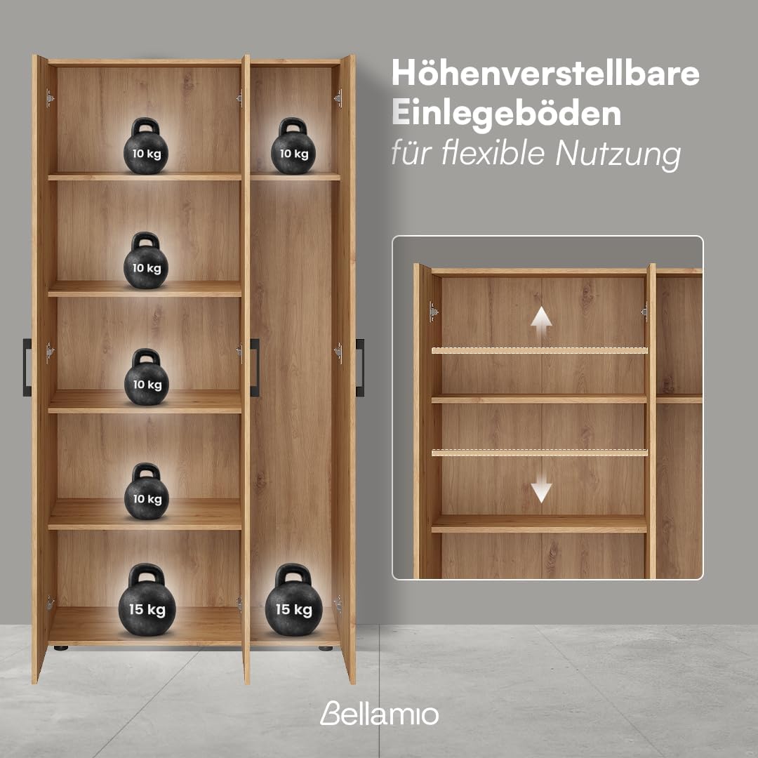 Bellamio Apol Mehrzweckschrank Eichenoptik – Besenschrank 90 cm breit mit Stauraum – Putzschrank mit Staubsaugerfach – Vorratsschrank Küche - Aktenschrank aus Holz - Flurschrank – Aufbewahrungsschrank