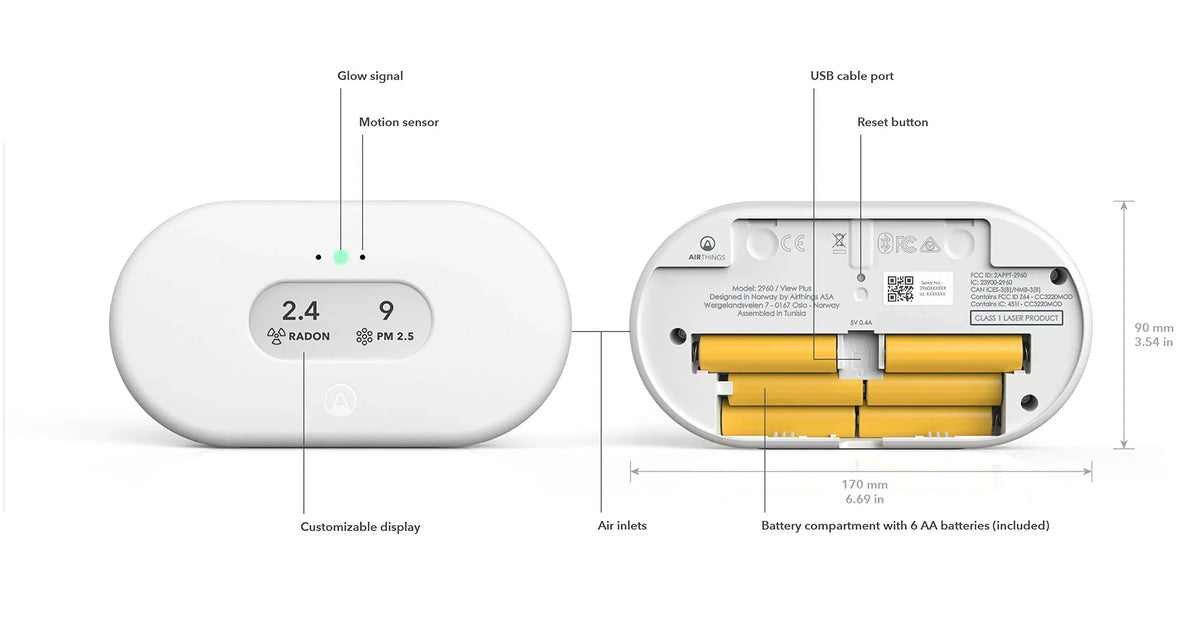 Airthings View Plus 2960 monitor inteligente de calidad del aire, radón, partículas finas, CO2, COV, humedad y temperatura