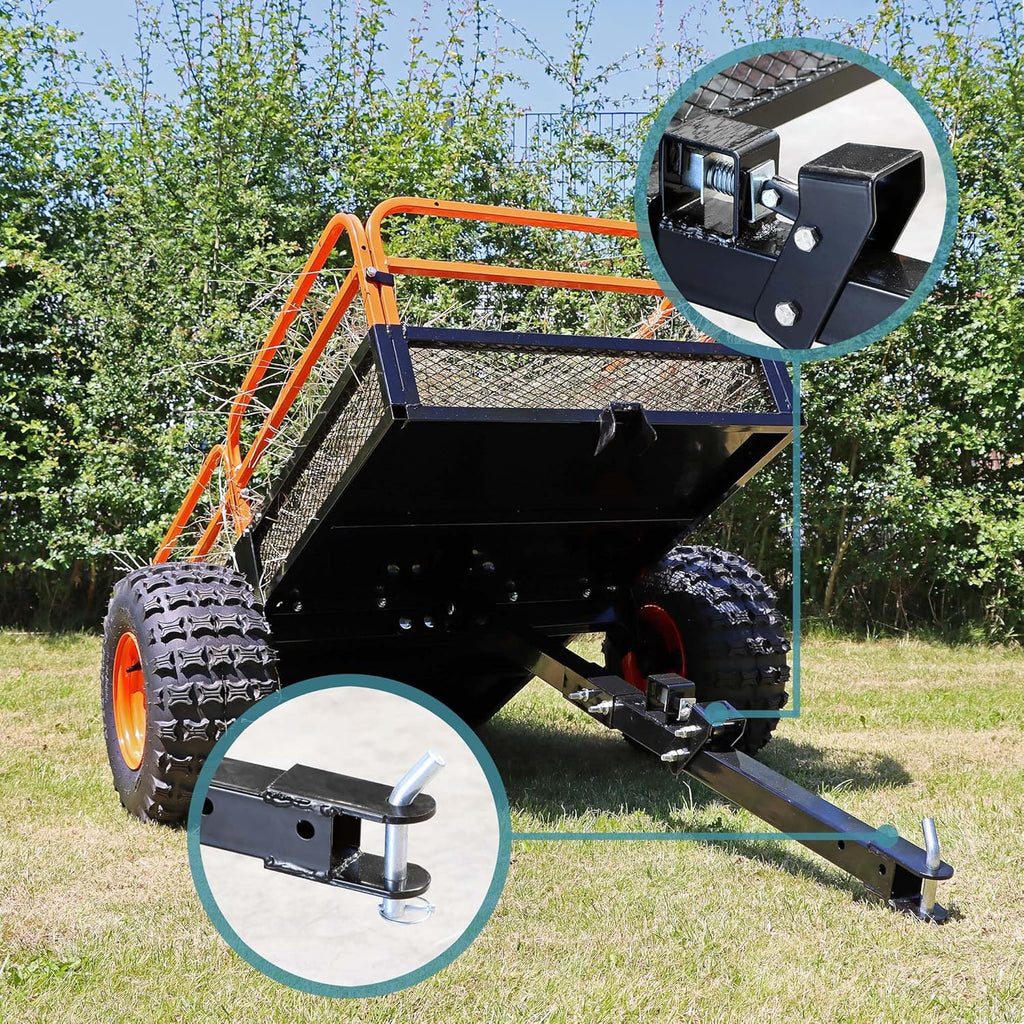 Remolque basculante Wiltec de hasta 680 kg para tractor cortacésped, remolque volquete de 216 x 122 x 76,2 cm con rejilla y paredes laterales extraíbles, remolque con función de vuelco