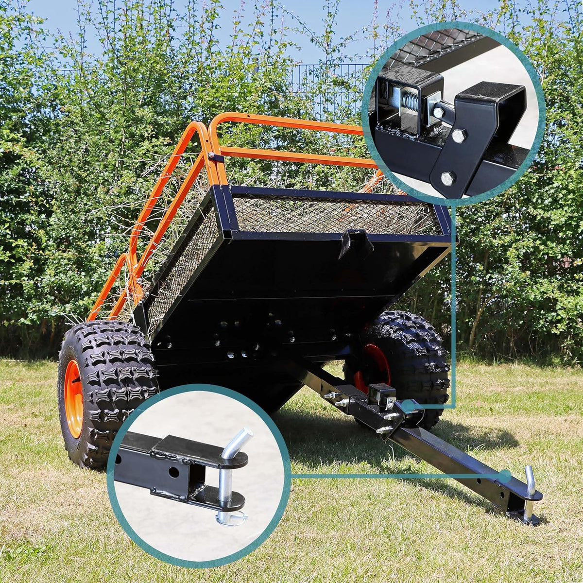 Remolque basculante Wiltec de hasta 680 kg para tractor cortacésped, remolque volquete de 216 x 122 x 76,2 cm con rejilla y paredes laterales extraíbles, remolque con función de vuelco