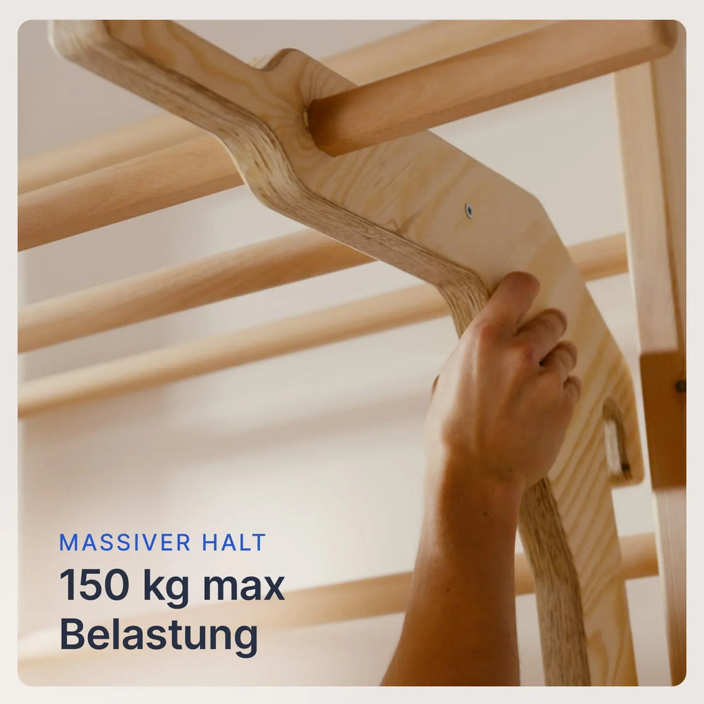 Espaldera de pared con barra de dominadas y extensión para fondos de 220 cm, fabricada en madera de haya y pino, hasta 150 kg