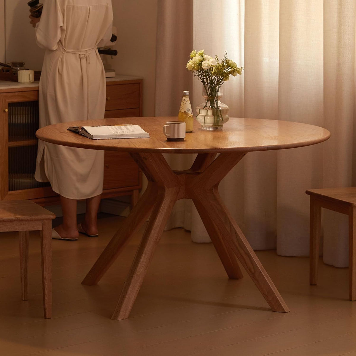 Mesa de comedor de madera maciza de roble YESWOOD, mesa redonda de 120 cm, 0% chapa, mesa de cocina moderna, mesa de comedor redonda, estable, mesa para 4-6 personas, 120x120x74,8 cm, color natural