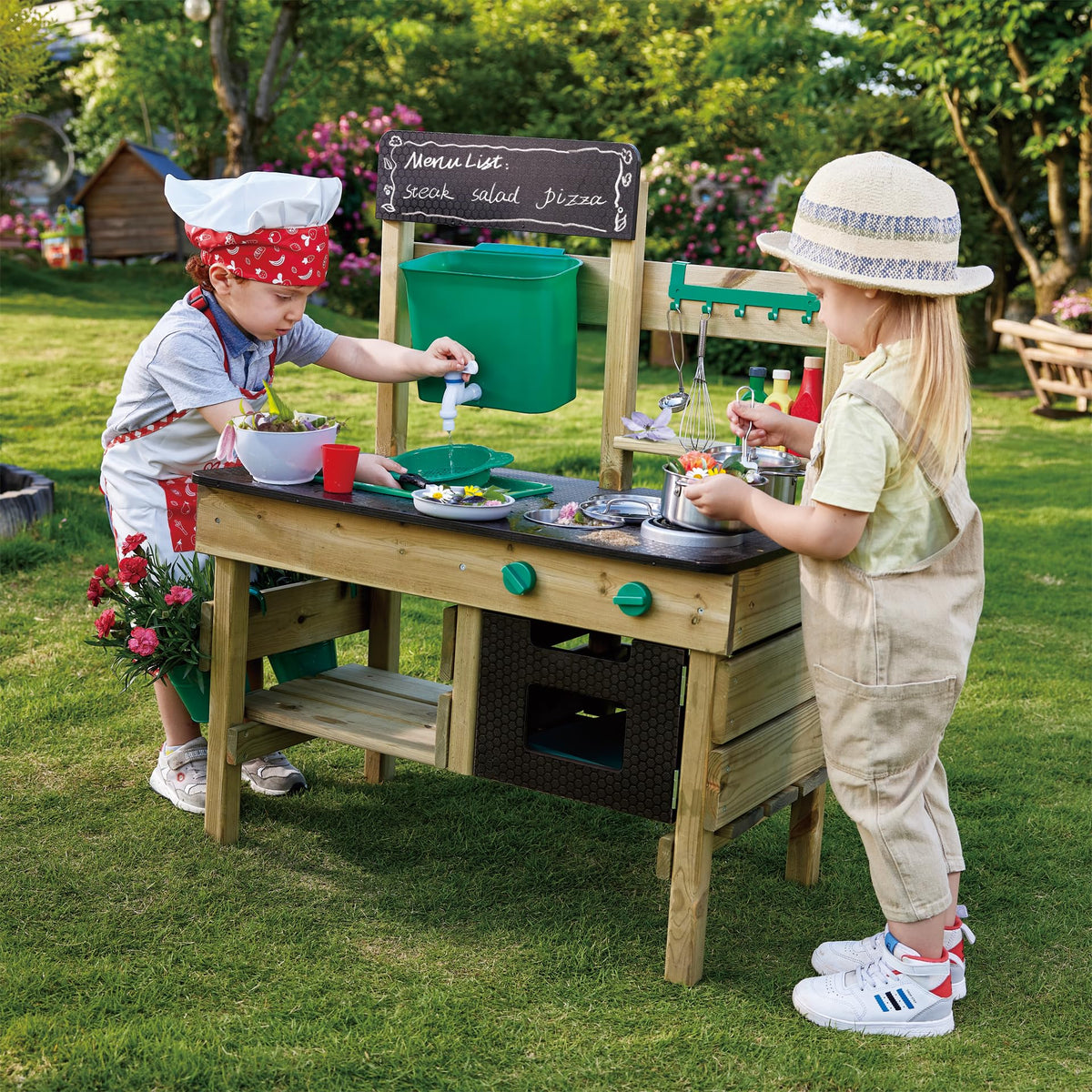 Cocina de juguete para exteriores E3193 de madera de pino para niños a partir de 3 años con fogones, horno, fregadero, depósito de agua y accesorios de cocina