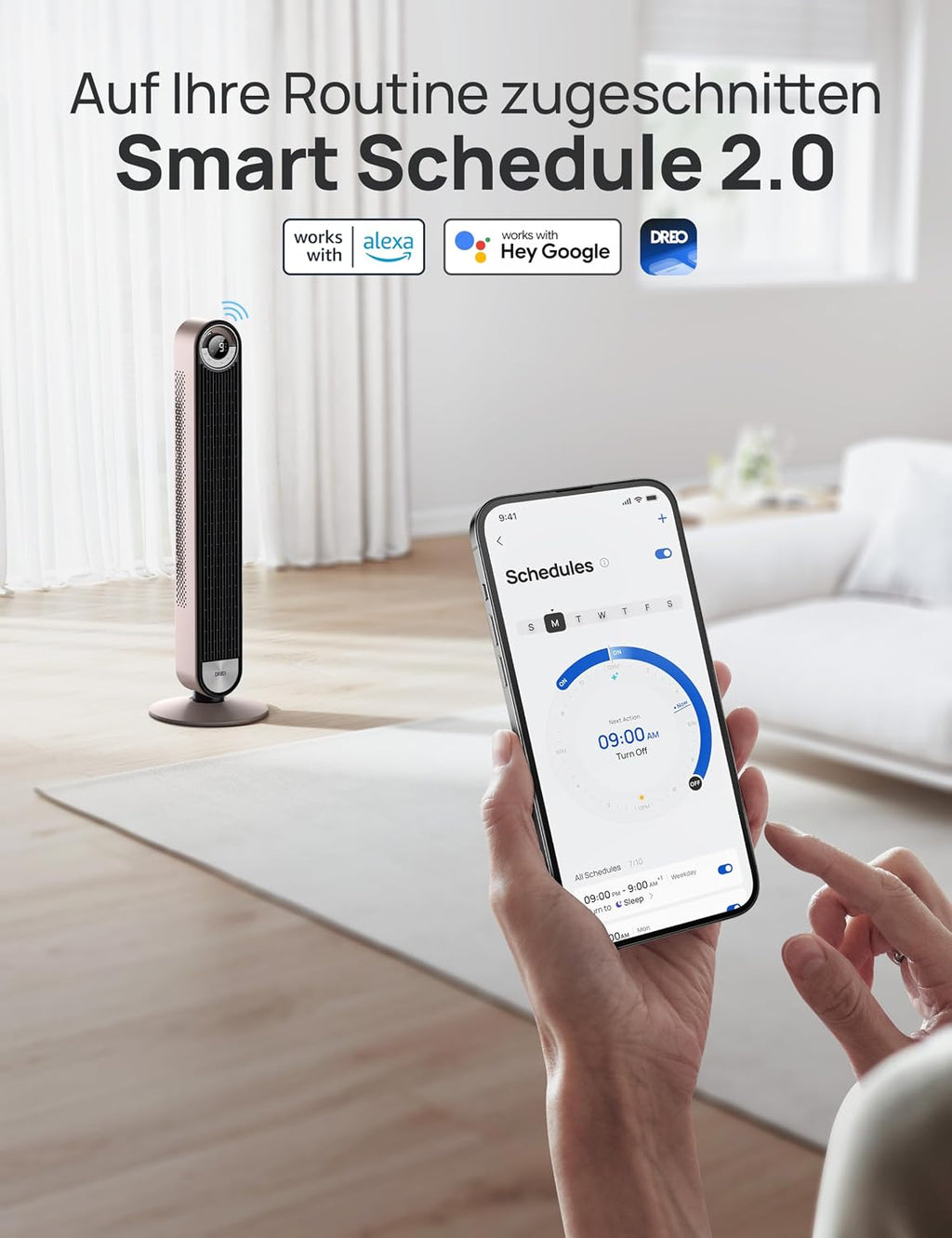 DREO 25dB Ventilador de torre inteligente y silencioso con refrigeración, ventilador de torre WiFi de 106cm compatible con Alexa, oscilación de 90°, control remoto, 9 velocidades, 4 modos, temporizador de 12 horas, control por voz, luz estelar