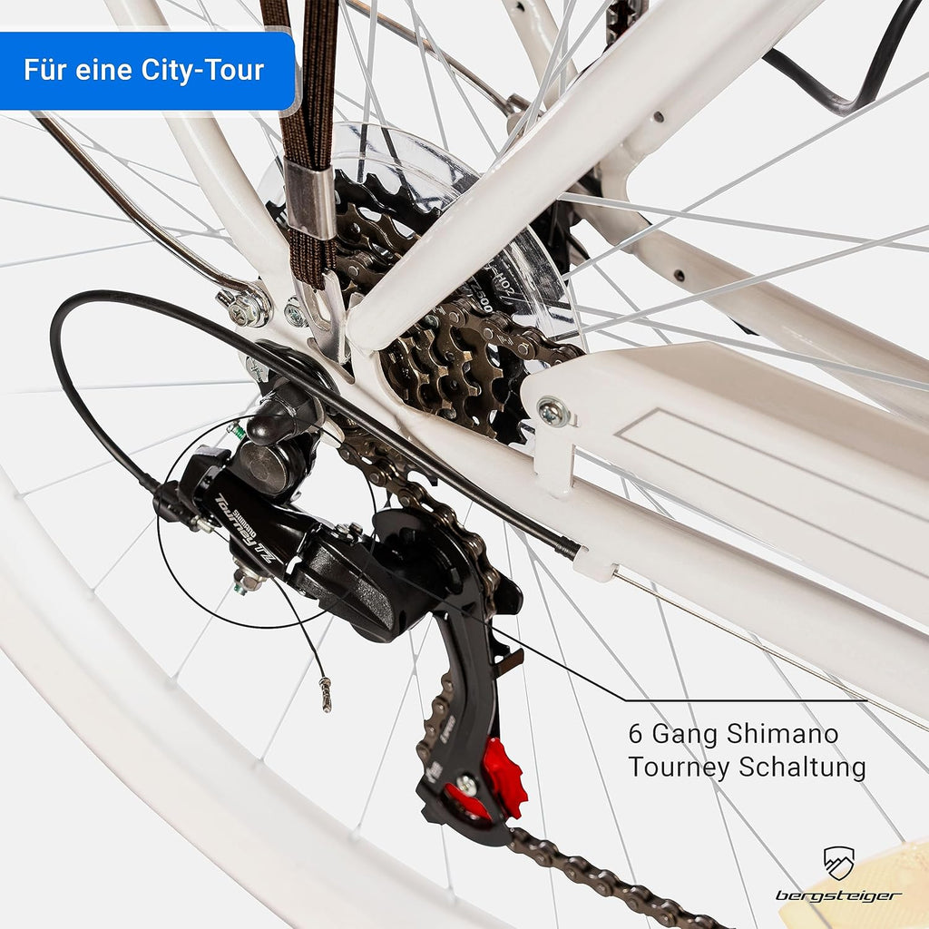 Bergsteiger Marseille 26, 28 pulgadas, bicicleta de paseo para mujer, a partir de 150 cm, cesta de mimbre, luz para bicicleta, bicicleta urbana para mujer, bicicleta de mujer con diseño retro, cambio Tourney de 6 velocidades, cambio de marchas por cadena