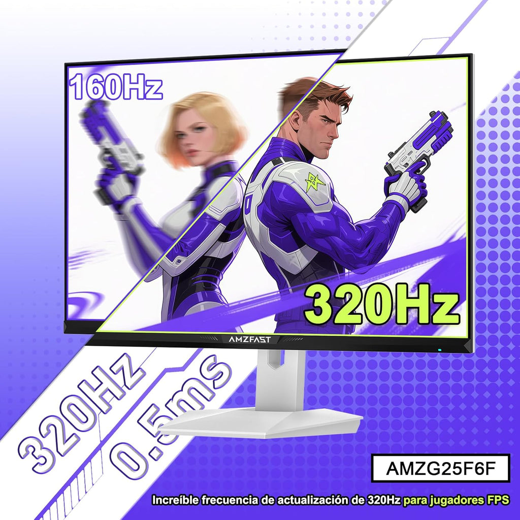 Amzfast Monitor Gamer de 24.5 pulgadas - 320Hz/240Hz, FHD 1920x1080, Pantalla Fast IPS, 1ms MPRT, 120% sRGB, Luz azul reducida, HDR, Adaptive Sync, VESA 100x100, HDMI 2.0x2/DP 1.4x2, Blanco - AMZG25F6F