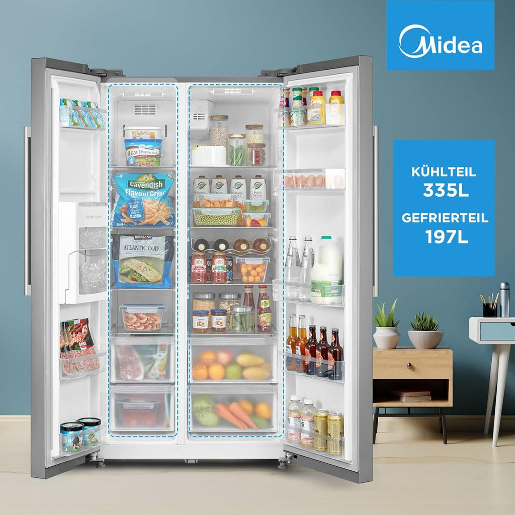 Midea KS-DDX 6.32 WT Frigorífico americano / 178,8 cm de altura / 254 kWh/año / No Frost / Compresor Dual Inverter / con dispensador de agua/hielo 3 en 1 y depósito de agua, Dark Inox