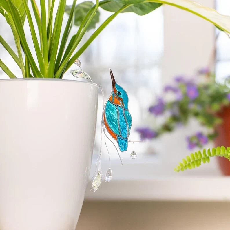 Estaca de jardín con atrapasueños de cristal de martín pescador - Decoración de vitral - Hecho a mano 4x6,5 pulgadas