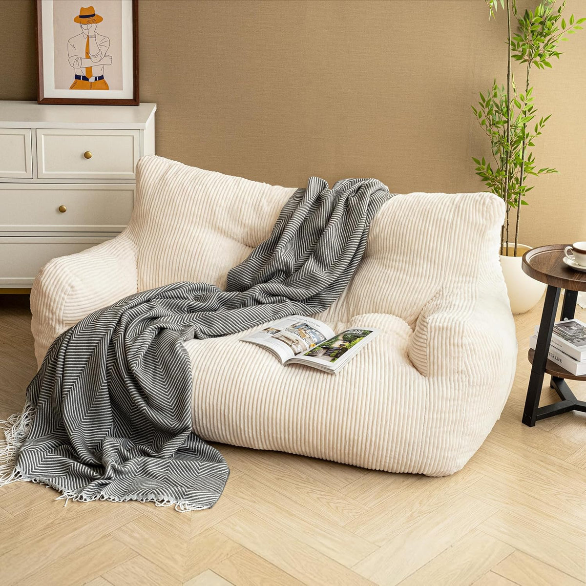 Puf Pamapic, puf para adultos con relleno, sillón doble tipo lounge con asa portátil, puf ergonómico moderno, silla tipo puf para interiores para salón, dormitorio, sala de juegos, beige