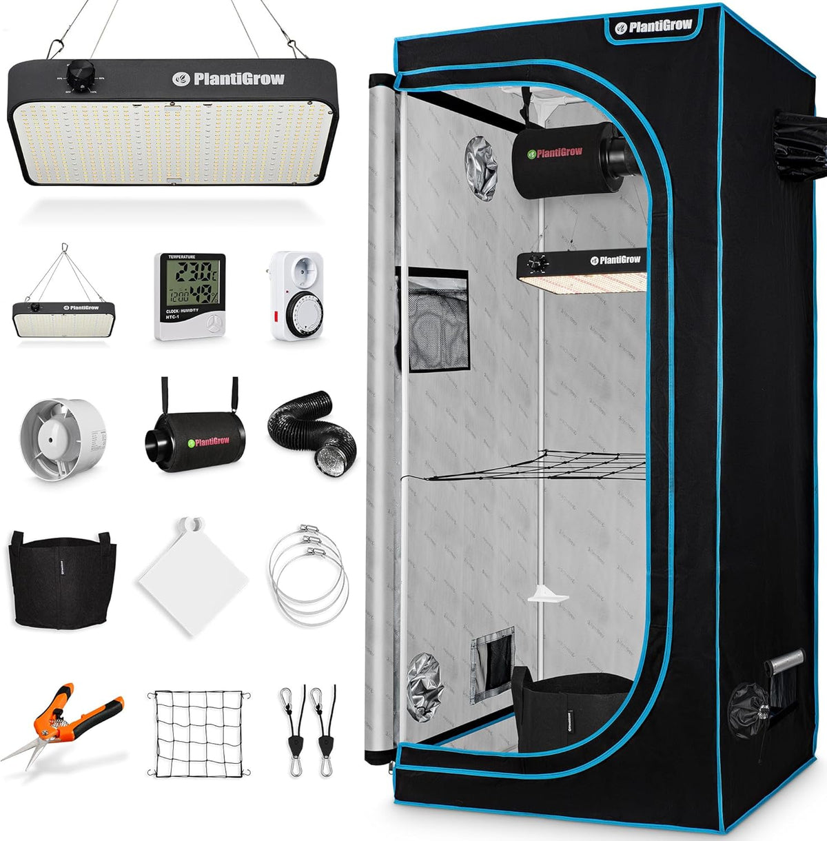 Kit de cultivo completo – Invernadero interior con lámpara LED de espectro completo de 150W (regulable), 1680D, filtro de carbón, extractor de aire en línea, tubo de extracción (80x80x180cm)