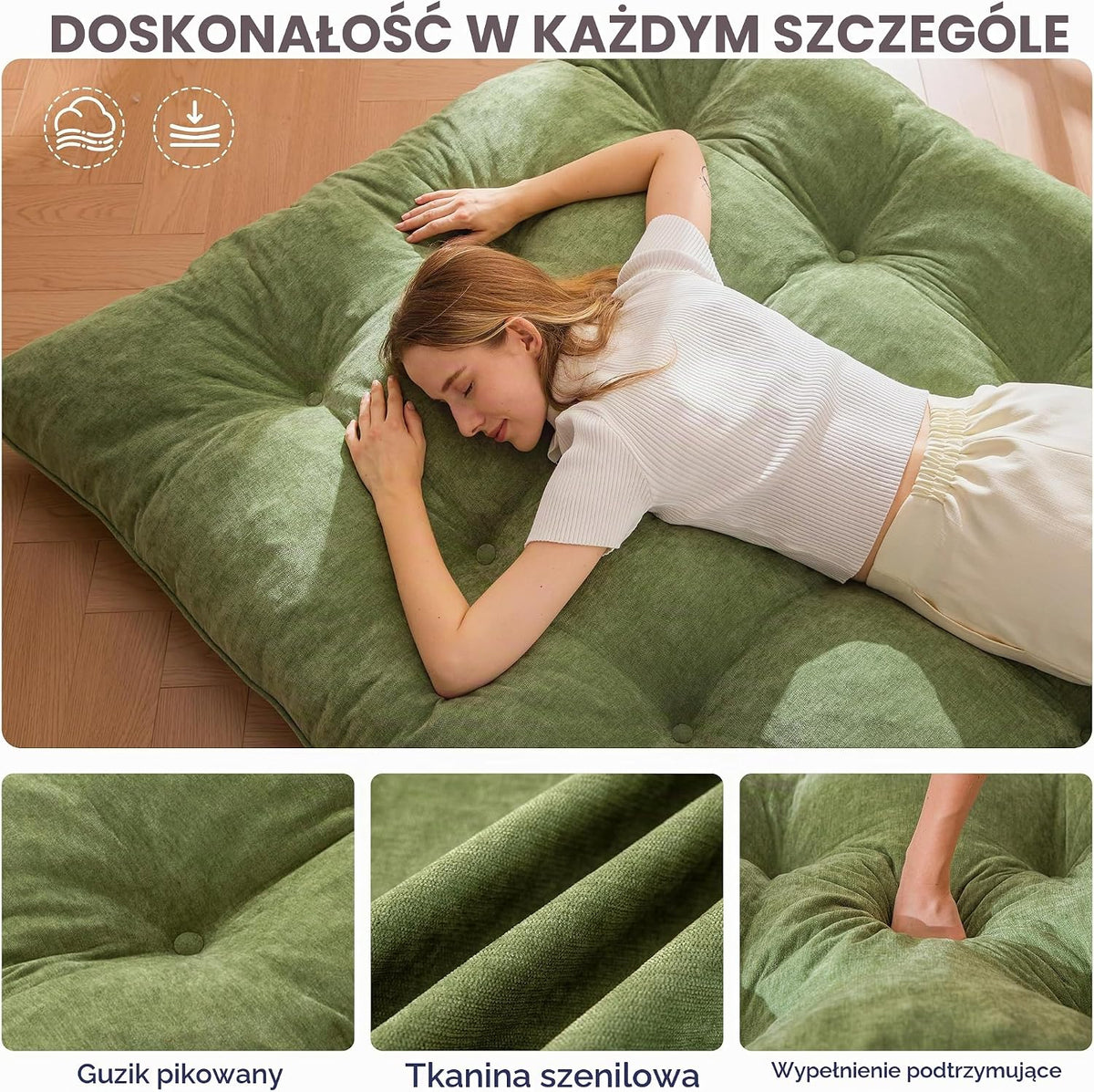 MAXYOYO materac futon, tkanina szenilowa, 15 cm grubości, składany materac futon do kanapy wypełniony strzępioną pianką, szyty guzikiem, praktyczna składana mata podłogowa (bez ramy)