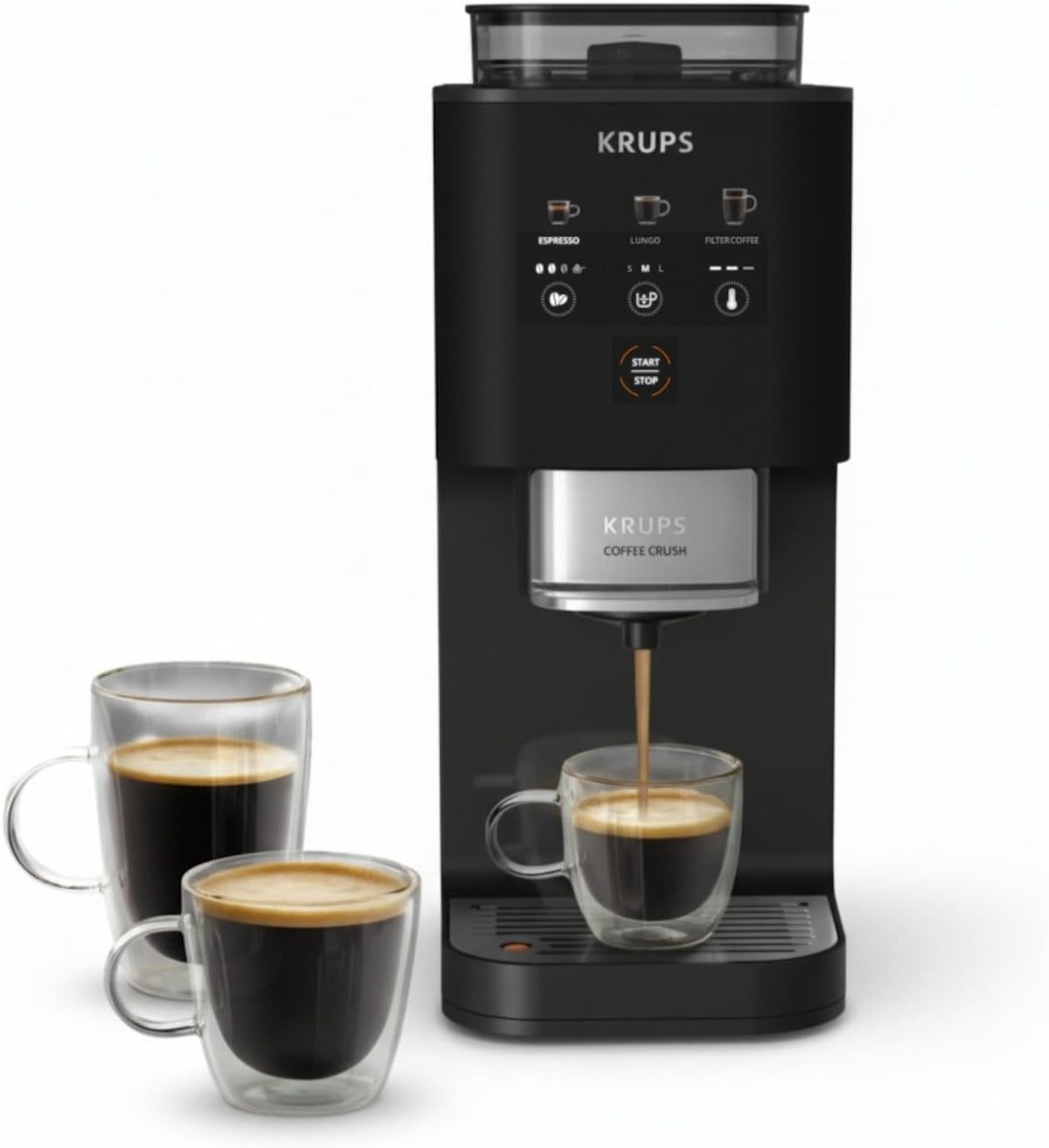 Cafetera automática Krups Coffee Crush  Extra, molinillo de acero inoxidable para café recién molido, solo 15 cm de ancho, panel de control inteligente, también para café premolido, limpieza fácil, negro, SA4028E0