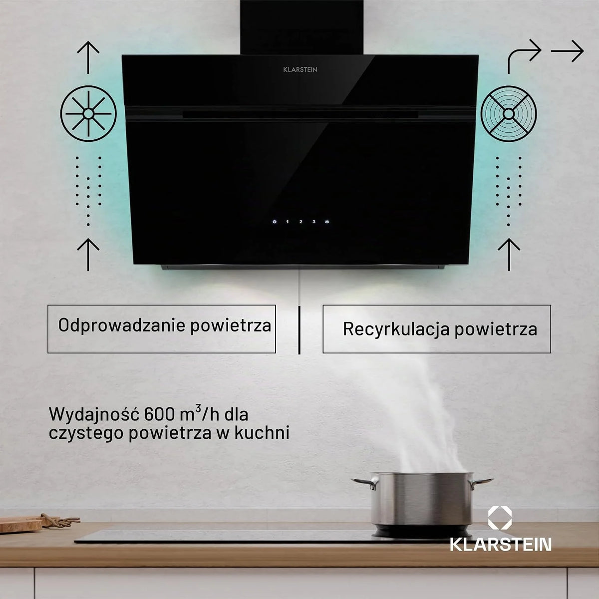 Klarstein Alina Okap kuchenny przyścienny – 60 cm, przepływ 600 m³/h, klasa energetyczna A, sterowanie dotykowe, podświetlenie LED w 9 kolorach, cichy 52 dB, czarny, tryb wyciągu i recyrkulacji