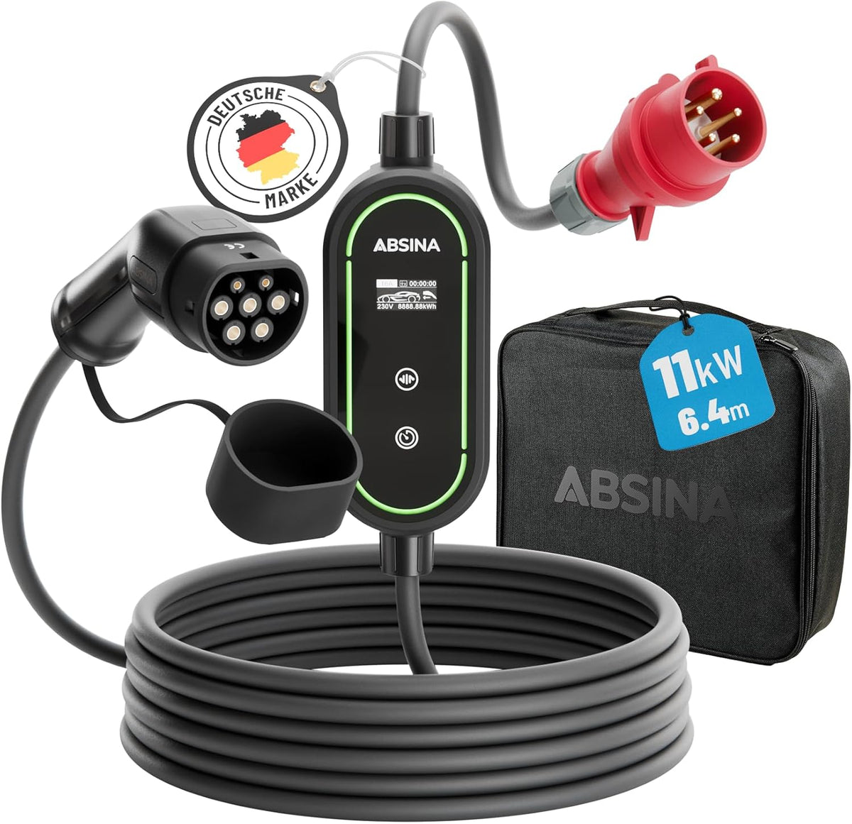 Cargador de pared móvil ABSINA 11kW con potencia de carga ajustable - Cable de carga tipo 2 para coche eléctrico, 16A, trifásico, IP67, cable de 6,6 m - Cargador de 11kW para i3, e-Up, ID.3, Zoe, fortwo, Kona y muchos más