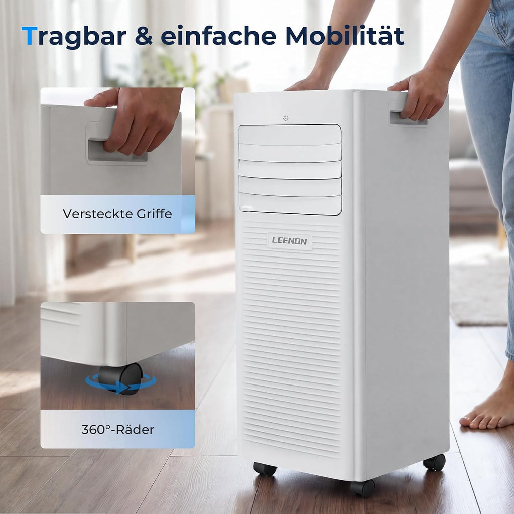 Aire acondicionado portátil 9000 BTU, LEENON 4 en 1, deshumidificador, ventilador y modo sueño, aire acondicionado móvil con tubo de escape, mando a distancia/temporizador 24h, aire acondicionado portátil para habitaciones de hasta 30 m²