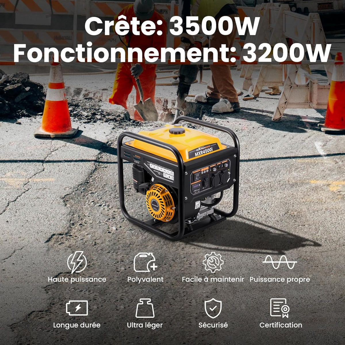 maXpeedingrods Generador de gasolina de 4 tiempos de 3500 W con 2 tomas de 230 V y USB, generador ligero y silencioso, fuente de alimentación de respaldo para garaje, taller, camping y hogar, 26 kg de peso