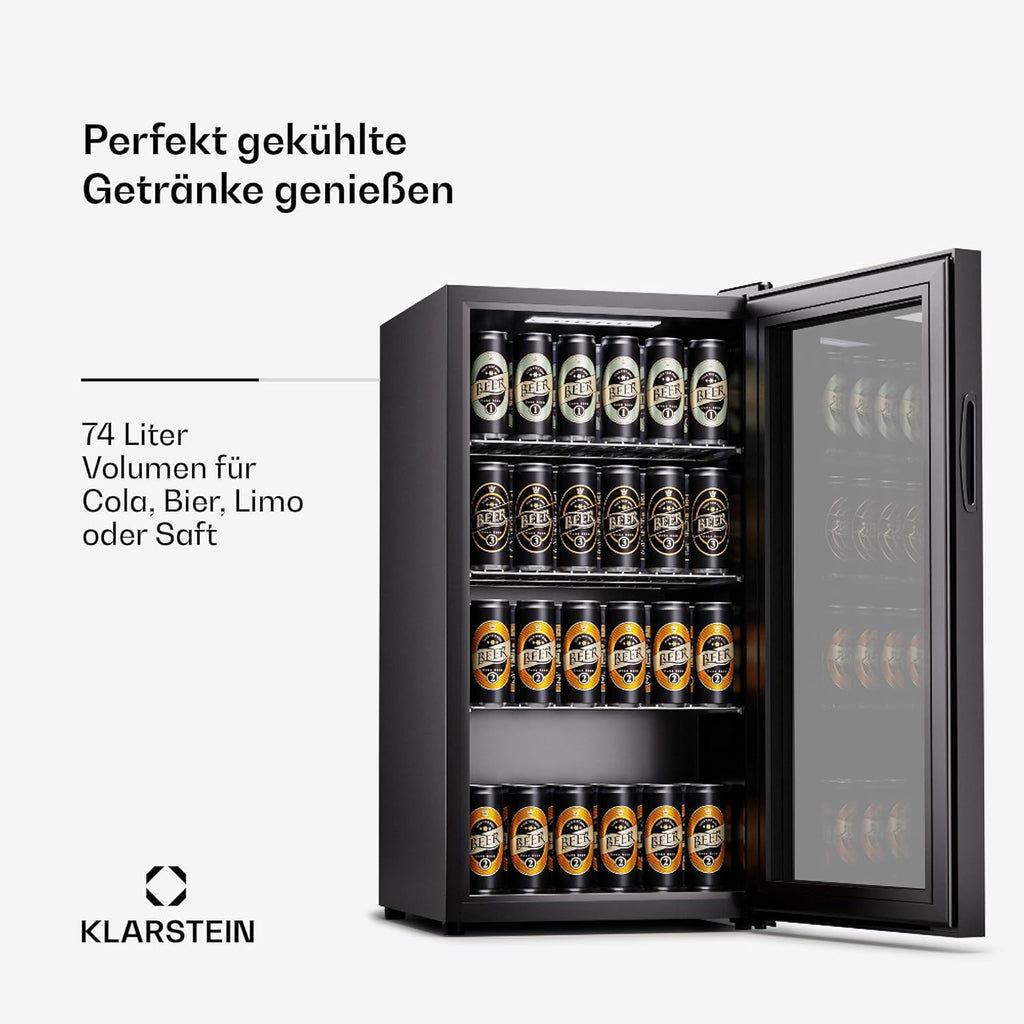 Mininevera Klarstein con puerta de cristal para habitaciones, refrigerador de bebidas con estantes ajustables, pequeño de 80 litros, frigorífico silencioso para interiores/exteriores