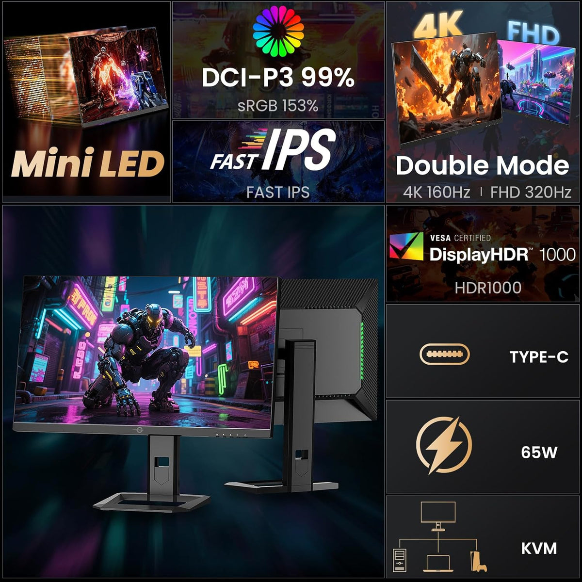 Monitor Gaming TITAN ARMY Mini LED de 27 pulgadas, 4K 160Hz y FHD 320Hz, HDR1000 153% sRGB DeltaE