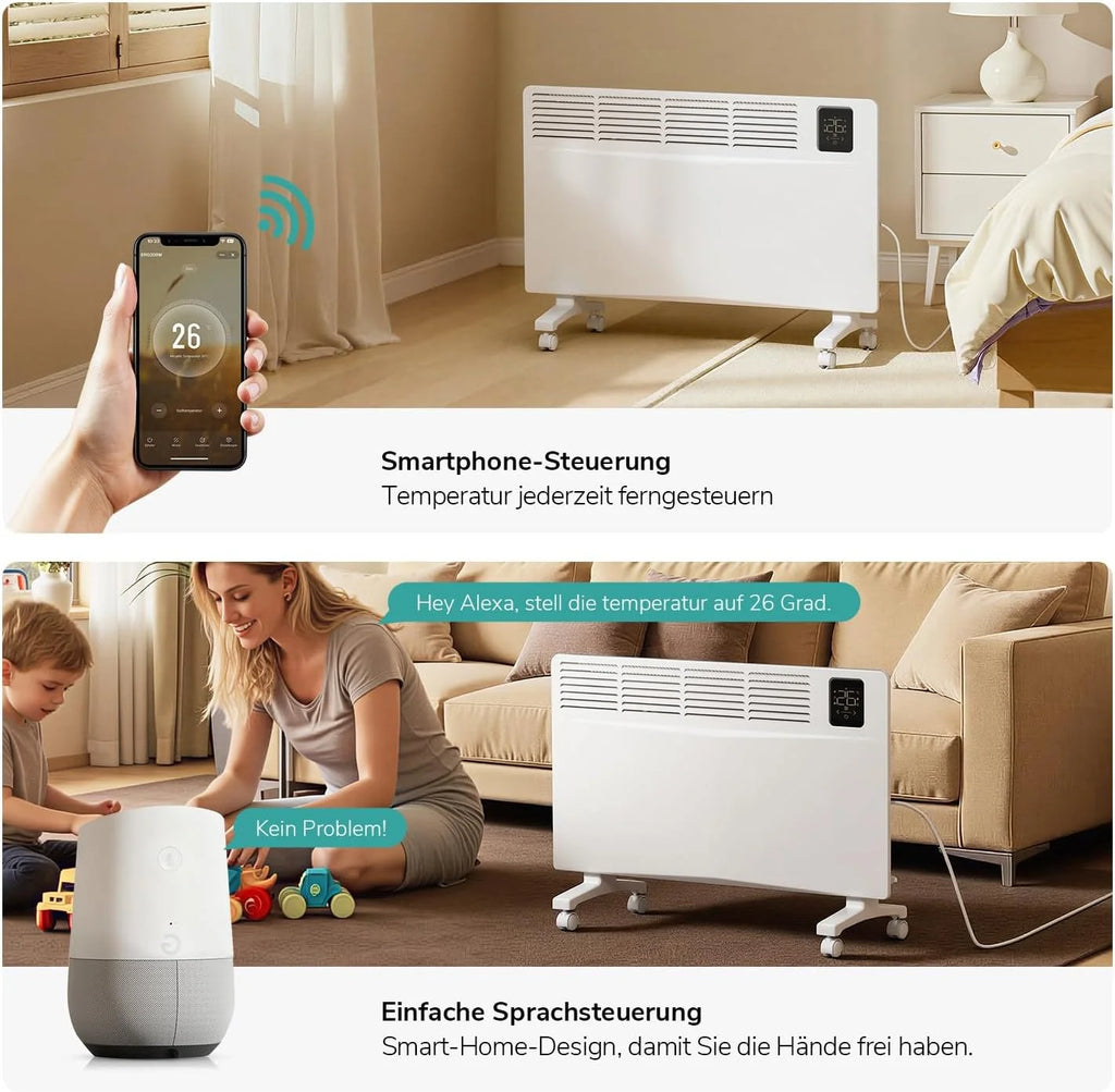 EMKE Ogrzewanie elektryczne, energooszczędne, 2000 W, inteligentne ogrzewanie konwektorowe, elektryczne sterowanie Wi-Fi i aplikacją, grzejnik elektryczny, urządzenie stojące lub montaż ścienny, białe