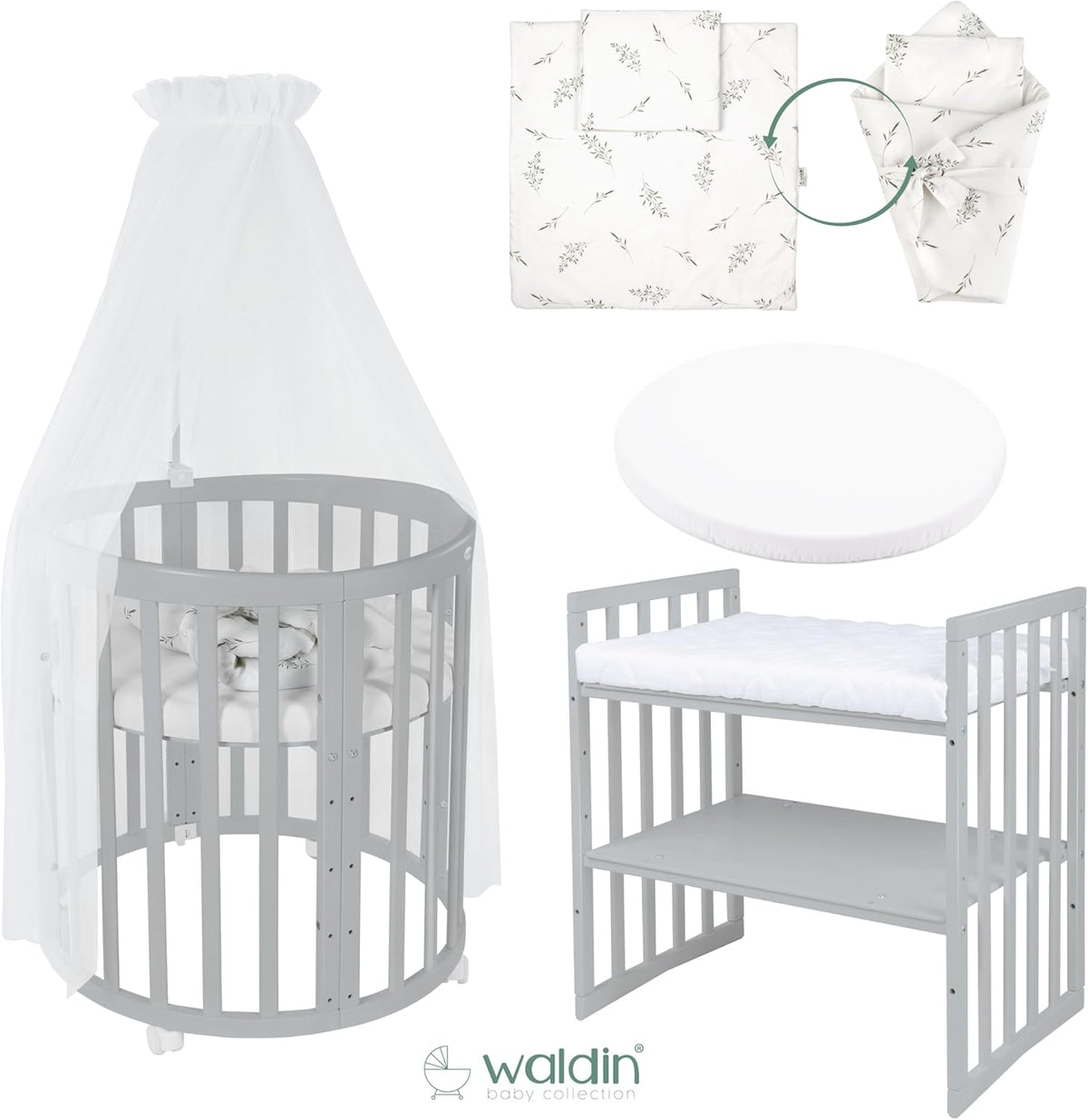 Cuna ovalada evolutiva Waldin, set completo 7 en 1, cuna de barrotes, cama infantil con colchón, cambiador, cuna colecho, madera blanca