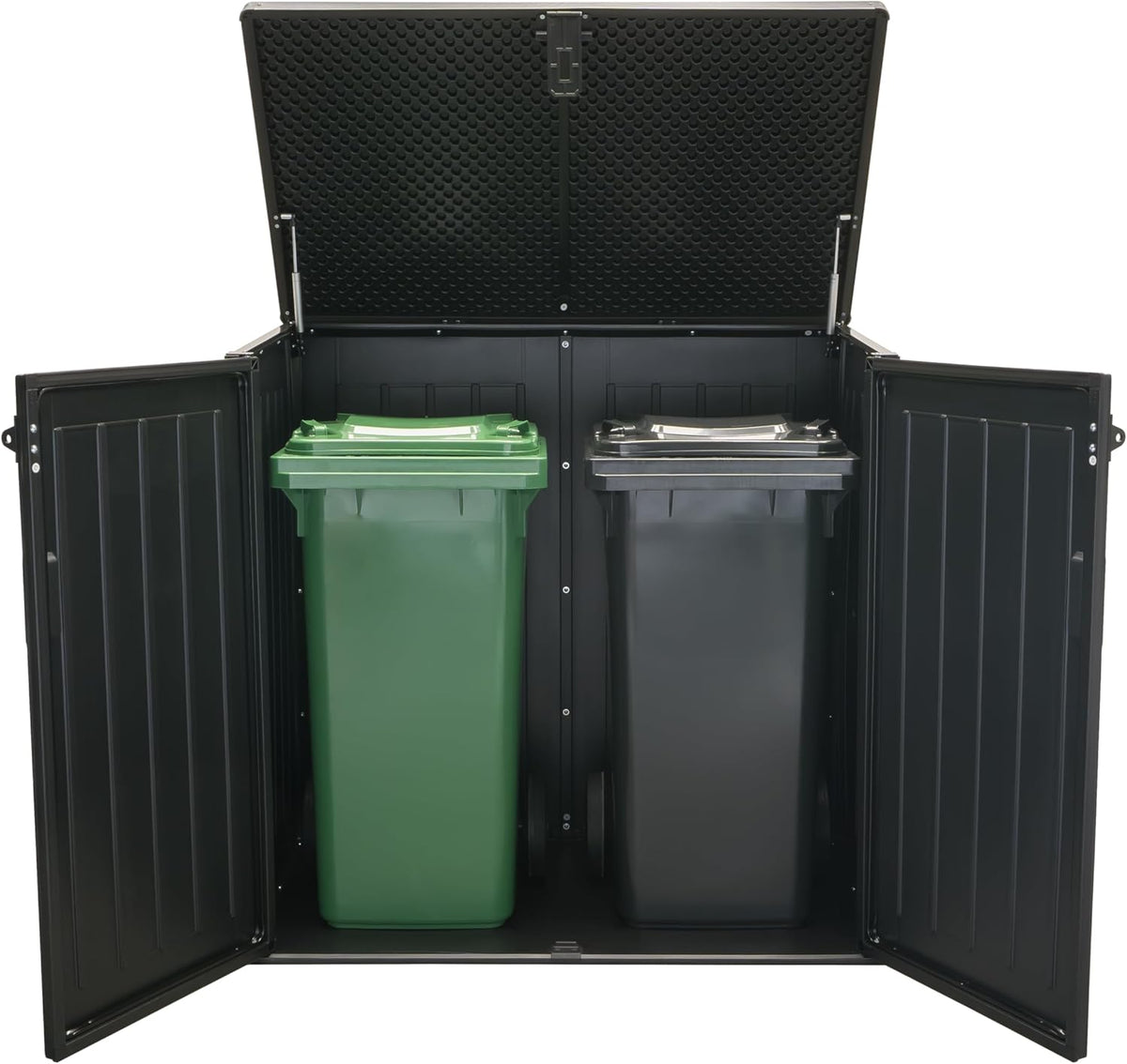 Caja para cubos de basura Koll Living Soraya de 775 litros, de plástico con aspecto de madera – bloqueable, resistente a la intemperie, resistente a los rayos UV, con amortiguadores de gas – Negro/Gris