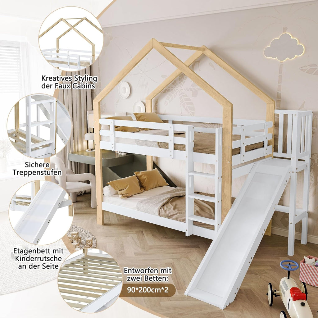 Litera Ball & Cast (90x200cm) con barandilla alta, estructura de madera con tobogán + escalera, estable y silenciosa, blanco + natural