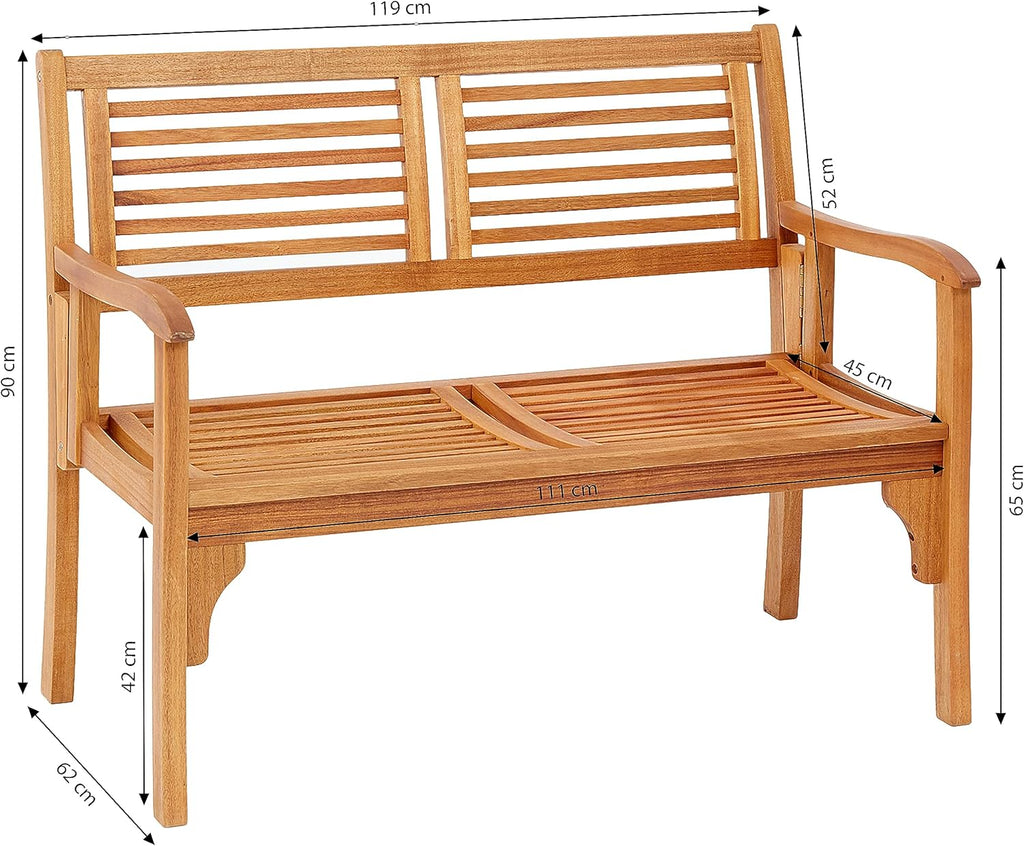 Banco plegable Dehner Douglas, 2 plazas, aprox. 119 x 62 x 90 cm, de madera de acacia con certificación FSC®, natural