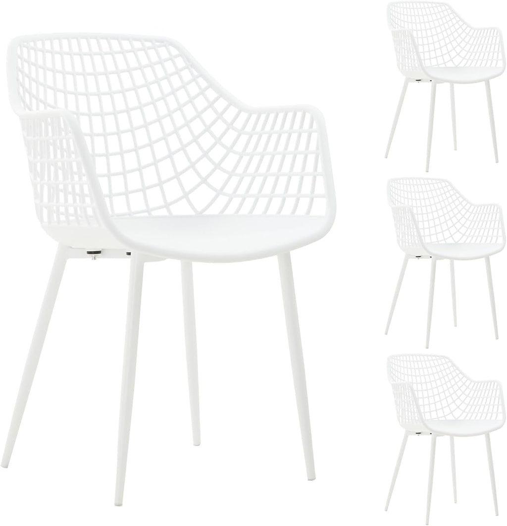 IDIMEX Sillas de jardín Lucia en set de 4, blanco - Silla de diseño de concha con reposabrazos de plástico, diseño retro adecuado para interiores y exteriores, de fácil cuidado y resistente a los rayos UV, sillas de comedor para 4 personas