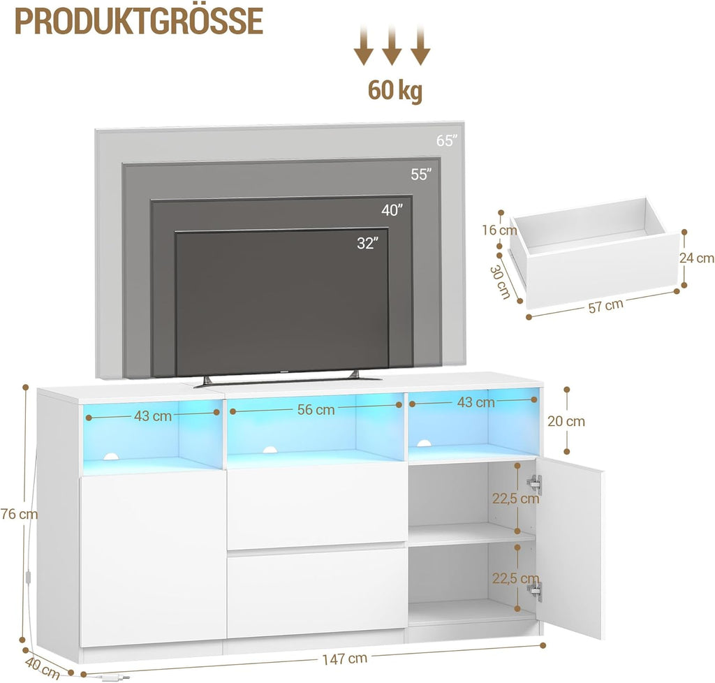 Mueble de TV Hzuaneri con iluminación LED RGB (25 colores), soporte de televisión para pantallas de hasta 65 pulgadas, aparador con 2 cajones y 3 compartimentos abiertos, para salón y dormitorio, blanco TV17003XEU