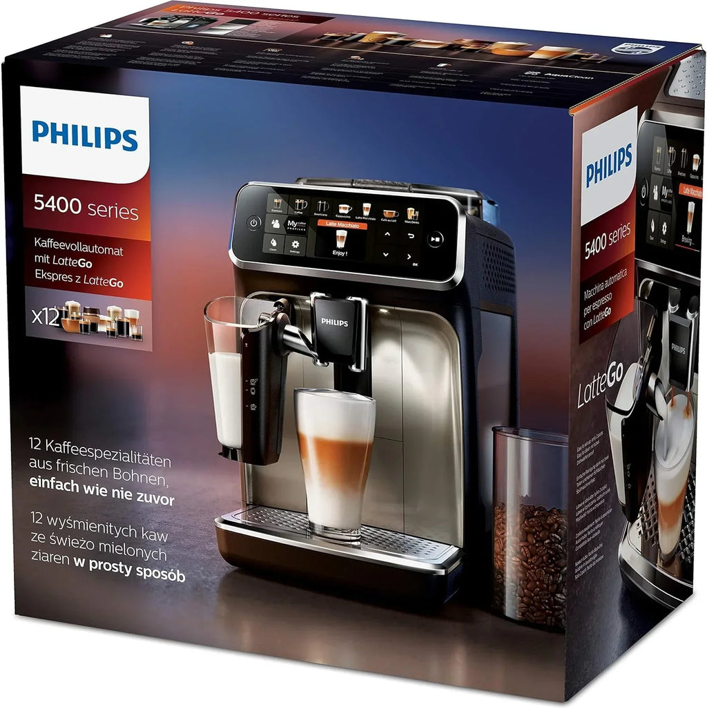 Cafetera superautomática Philips Serie 5400 – Sistema de leche LatteGo, 12 especialidades de café, pantalla intuitiva, 4 perfiles de usuario, cromo (EP5447/90)