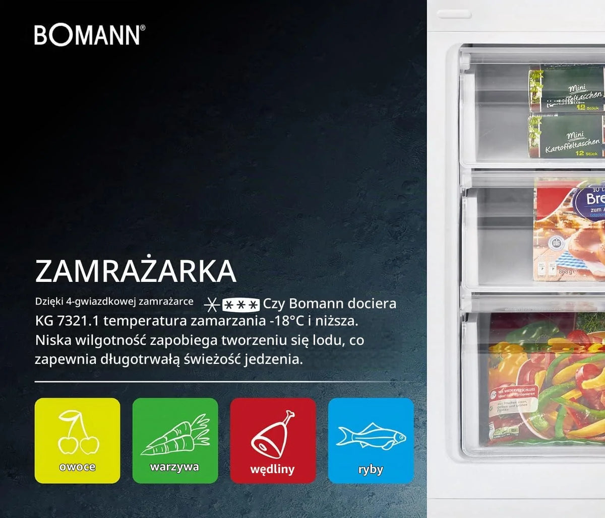 Bomann® Lodówko-zamrażarka, pojemność użytkowa 269 l – chłodzenie: 198 l | zamrażanie: 71 l, energooszczędna, cicha praca 39 dB, LED, wymienne zawiasy drzwiowe, wysokość: 180 x szerokość: 55 x