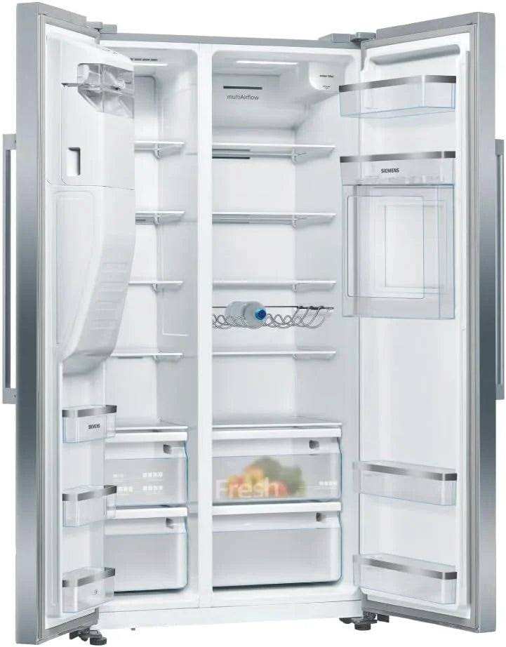 SIEMENS KA93GAIDP, iQ500, amerykański side-by-side, 178,7 x 90,8 cm, chłodzenie 369 l i zamrażanie 191 l, system odświeżania noFrost, dozownik lodu i wody z przyłączem wody, komora barowa, stal
