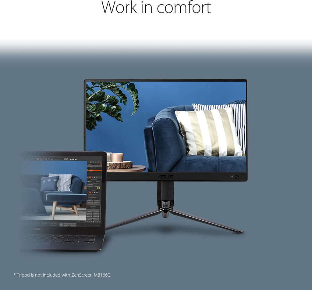 ASUS ZenScreen MB166C - Monitor portátil FHD de 15,6" - Teletrabajo o gaming - Alimentación y visualización mediante USB tipo C - Panel IPS - 1920x1080 - Tecnología Flicker-Free/Filtro de luz azul - para portátil