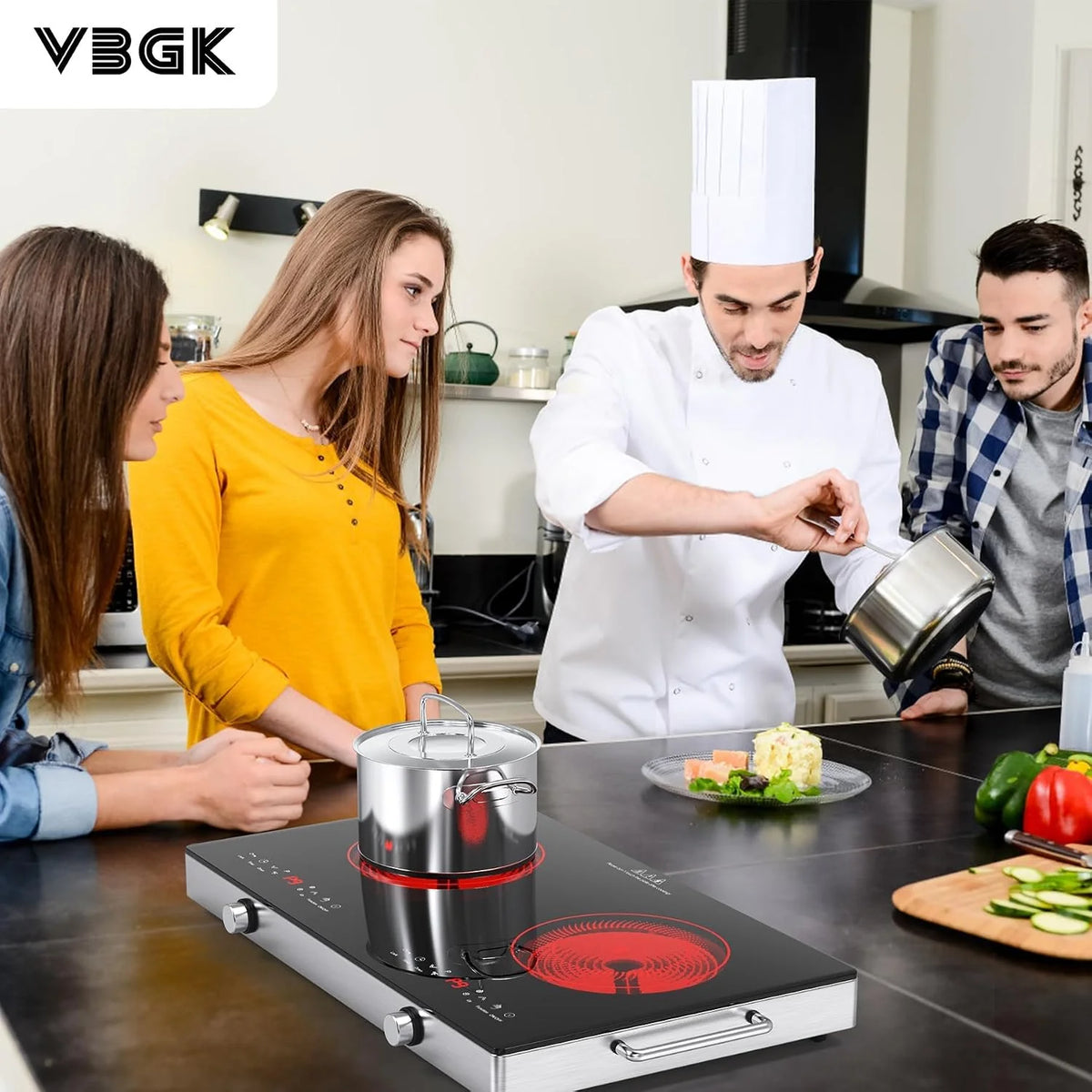 VBGK Płyta grzewcza ze szkła ceramicznego, 220 V, 3520 W, płyta kuchenna ze sterowaniem pokrętłem, 9 poziomów mocy, zabezpieczenie przed dziećmi i timer, obsługa dotykowa LED, zabezpieczenie przed