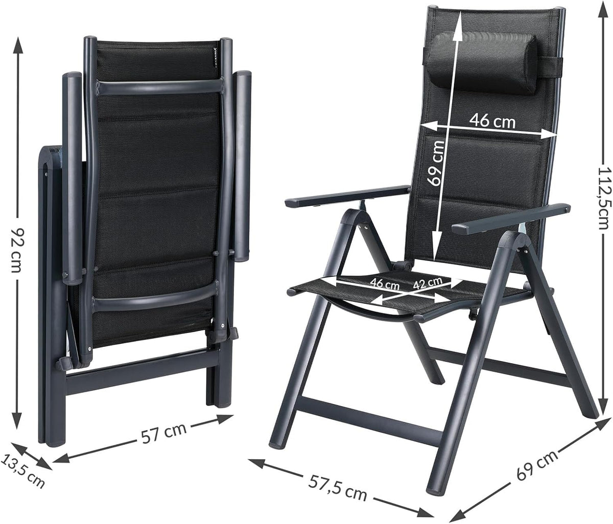 Juego de 4 sillas de jardín plegables Casaria®, acolchadas, de aluminio, ajustables en 8 posiciones, capacidad de carga de 120 kg, resistentes a la intemperie, para exterior, balcón, camping, con respaldo alto.